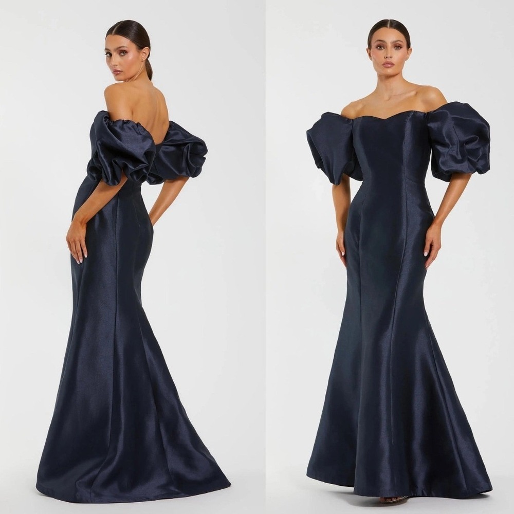 NEW‎ Mac Duggal Navy Sweetheart Off The Shoulder Puff Sleeve Gown - Size 6